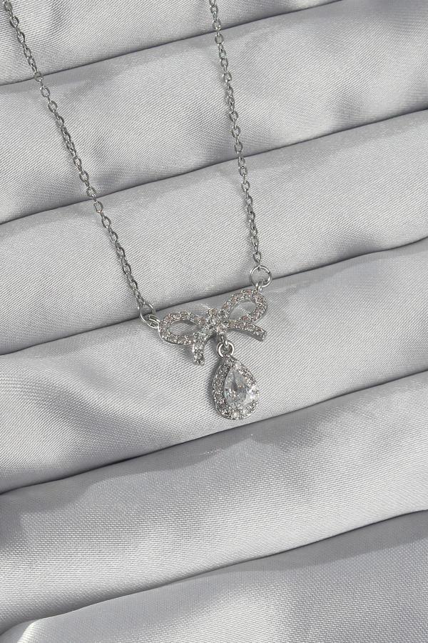 316L Çelik Gümüş Renk Zirkon Taşlı Fiyonk Detay Damla Kolye - TJ-BKO8922 - Image 1