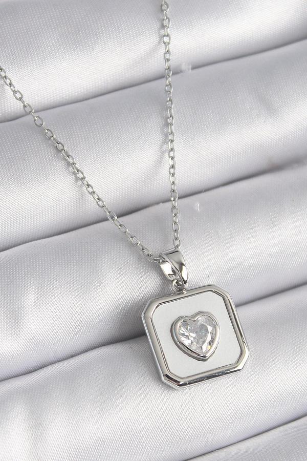 316L Çelik Gümüş Renk Kare Madalyon Kalp Zirkon Taş İşleme Kadın Kolye - TJ-BKO9525 - Image 1