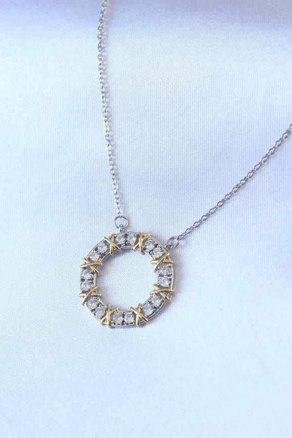 316L Çelik Gümüş Renk Zirkon Taşlı Gold Detay Xoxo Kadın Kolye - TJ-BKO7459 - Image 1