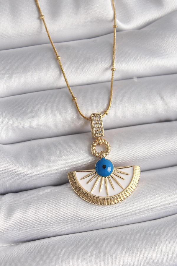 316L Çelik Gold Renk Zincir Zirkon Taş Detaylı Nazar Boncuk Göz Model Kadın Kolye - TJ-BKO9474 - Image 1