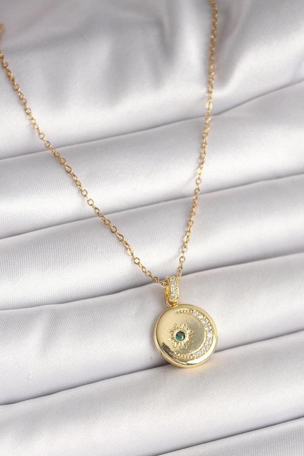 316L Çelik Gold Renk Zincir Zirkon Taş İşlemeli Hilal Yıldız İşlemeli Madalyon Model Kadın Kolye - T - Image 1