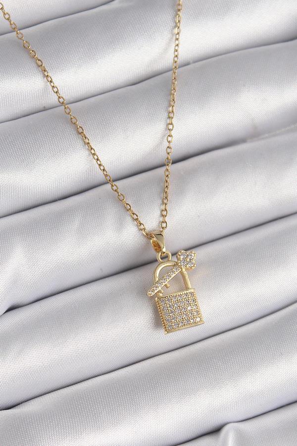 316L Çelik Gold Renk Zincir Zirkon Taşlı Asma Kilit Anahtar Model Kadın Kolye - TJ-BKO9585 - Image 1