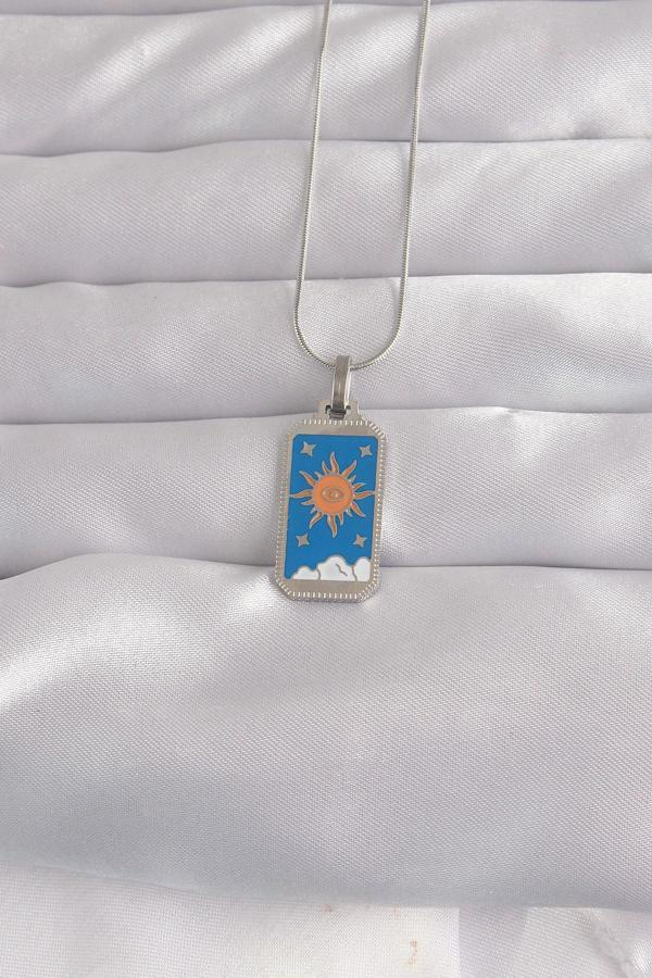 316L Çelik Gümüş Renk Mavi Mineli Güneş Model Tarot Kolye - TJ-BKO9042 - Image 1