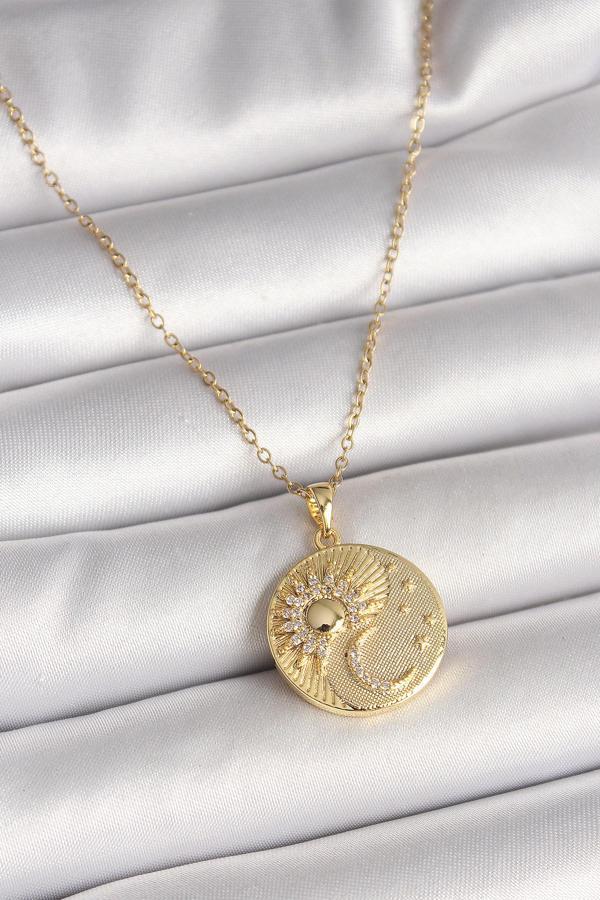 316L Çelik Gold Renk Zincir Zirkon Taşlı Ay Güneş İşlemeli Madalyon Model Kadın Kolye - TJ-BKO9958 - Image 1
