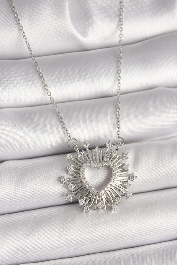 316L Çelik Gümüş Renk Zirkon Taşlı Kalp Model Kadın Kolye - TJ-BKO9919 - Image 1