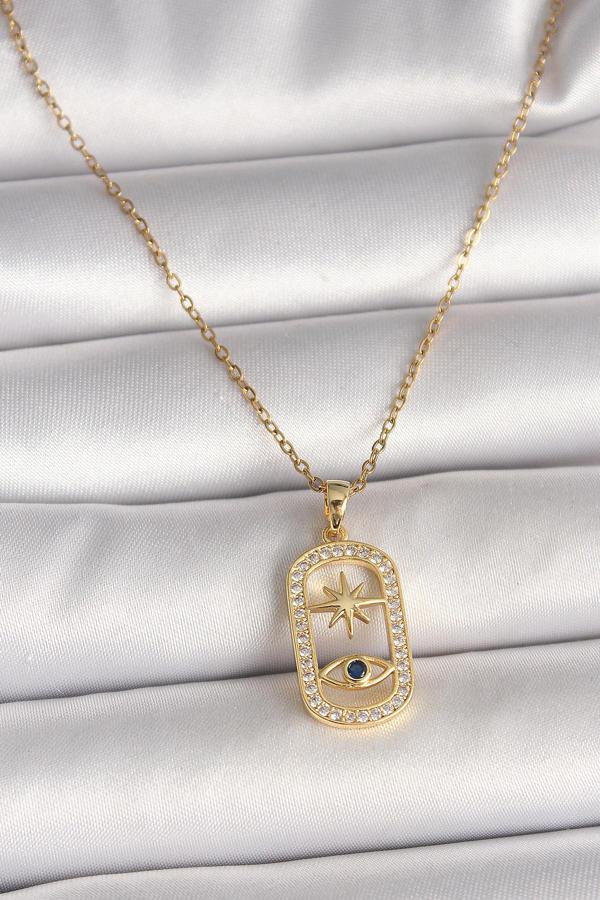 316L Çelik Gold Renk Zincir Zirkon Taşlı Göz Yıldız Model Kadın Kolye - TJ-BKO9984 - Image 1