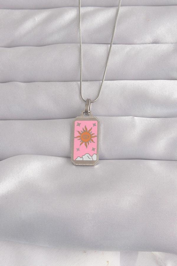 316L Çelik Gümüş Renk Pembe Mineli Güneş Model Tarot Kolye - TJ-BKO9043 - Image 1