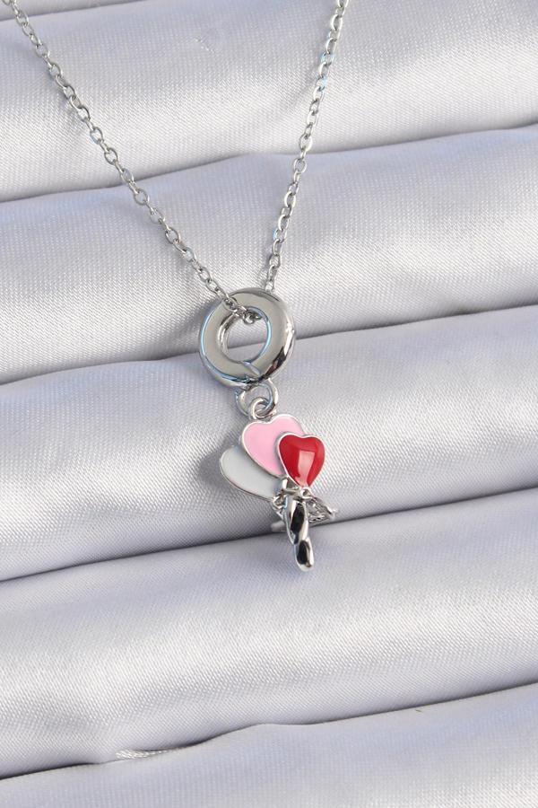 316L Çelik Gümüş Renk Renkli Kalp Figür Charm Model Kadın Kolye - TJ-BKO9319 - Image 1