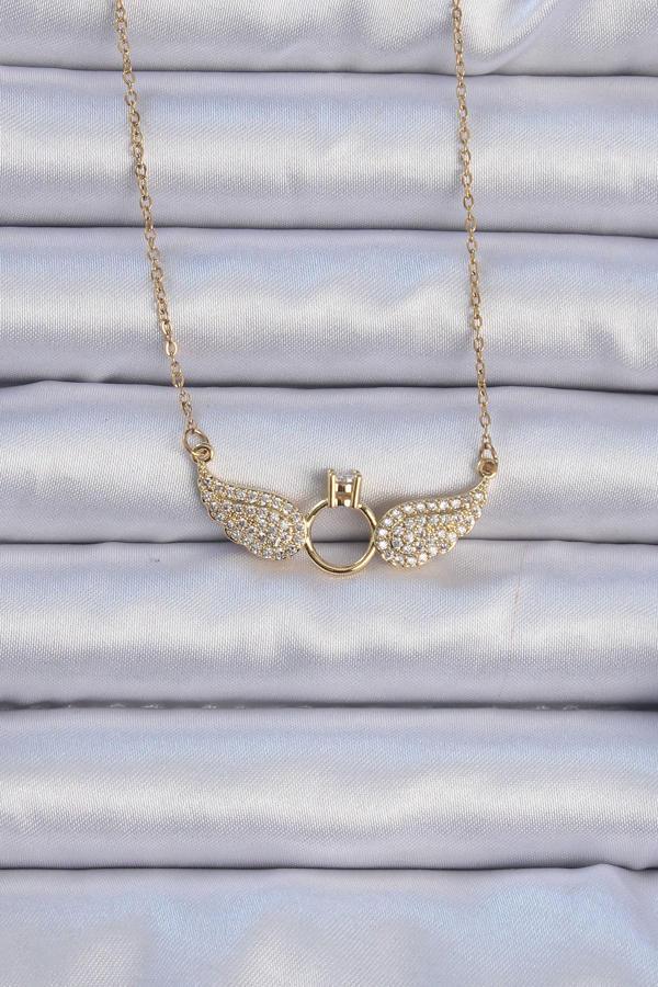 316L Çelik Zincir Altın Renk Kanatlı Tektaş Kolye - TJ-BKO9077 - Image 1