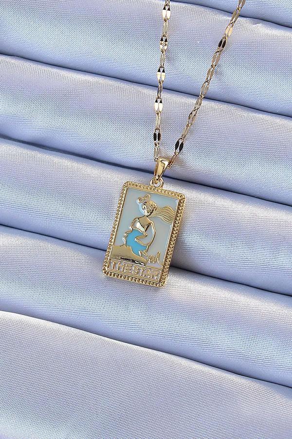 316L Çelik Zincir Altın Renk Mavi Mineli Tarot Kolye - TJ-BKO9211 - Image 1