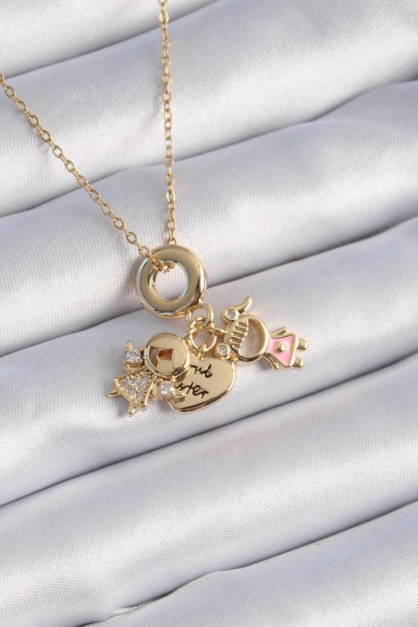 316L Çelik Gold Renk Zirkon Taş Detay Çocuk Figür Charm Model Kadın Kolye - TJ-BKO9324 - Image 1