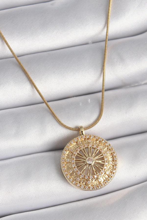 316L Çelik Gold Renk Zirkon Taşlı 12 Burç Madalyon Model Kadın Kolye - TJ-BKO9542 - Image 1