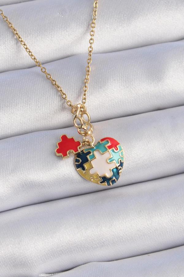 316L Çelik Gold Renk Yapboz Motif Kalp Figür Charm Model Kadın Kolye - TJ-BKO9316 - Image 1