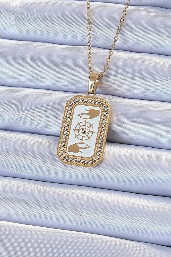 316L Çelik Zincir Altın Renk Mineli Zirkon Taşlı Göz Figür Tarot Kolye - TJ-BKO9217 - Image 1