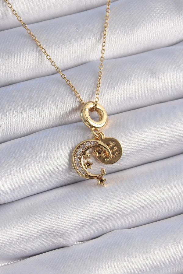 316L Çelik Gold Renk Zirkon Taşlı Ay Yıldız  Model Charm Model Kadın Kolye - TJ-BKO9312 - Image 1