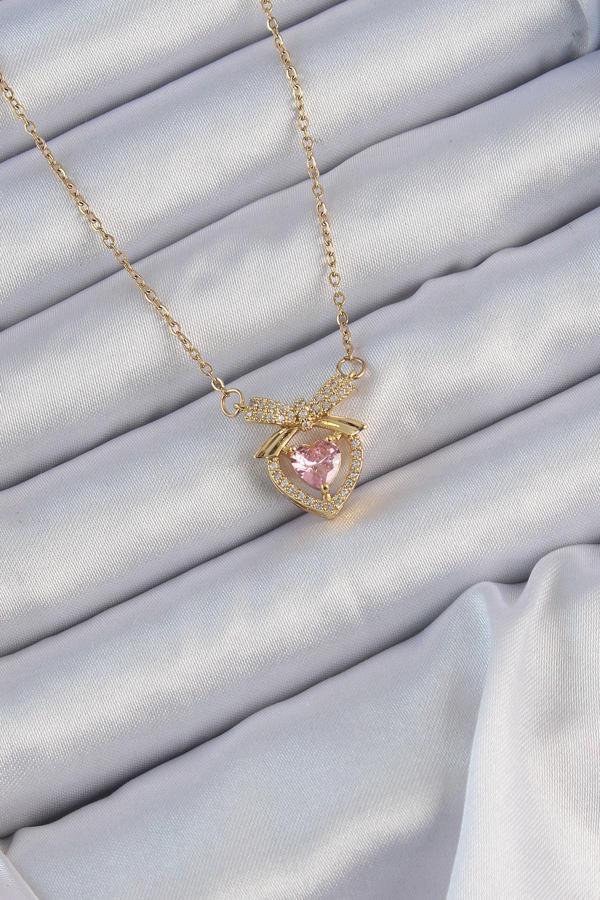 316L Çelik Zincir Altın Renk Pembe Zirkon Taşlı Fiyonklu Kalp Kolye - TJ-BKO9173 - Image 1