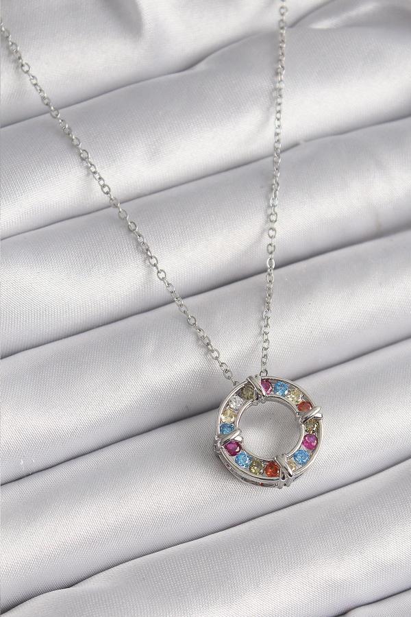 316L Çelik Gümüş Renk Zincir Renkli Zirkon Taşlı Xoxo Model Kadın Kolye - TJ-BKO9629 - Image 1