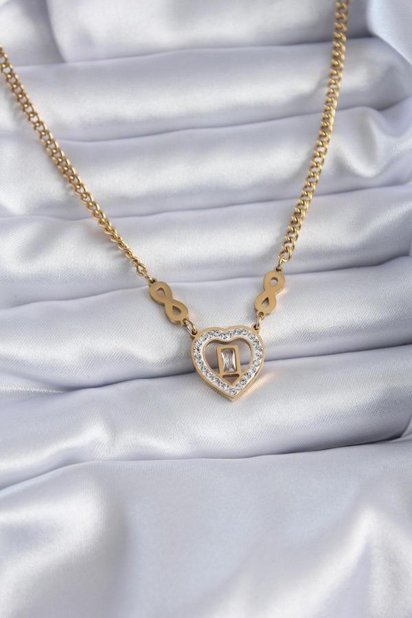 316L Çelik Gold Renk Zirkon Taşlı Kalp Model Sonsuzluk Detay Kadın Kolye - TJ-BKO7789 - Image 1