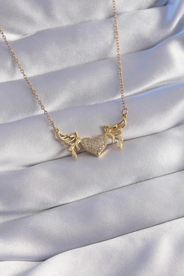 316L Çelik Zincir Gold Renk Zirkon Taşlı Kalp Model Kelebek Detay Kolye - TJ-BKO8773 - Image 1