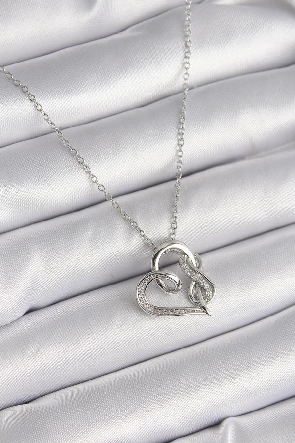 316L Çelik Gümüş Renk Zincir Zirkon Taş Detaylı Kalp Model Sonsuzluk Detay Kadın Kolye - TJ-BKO9584 - Image 1
