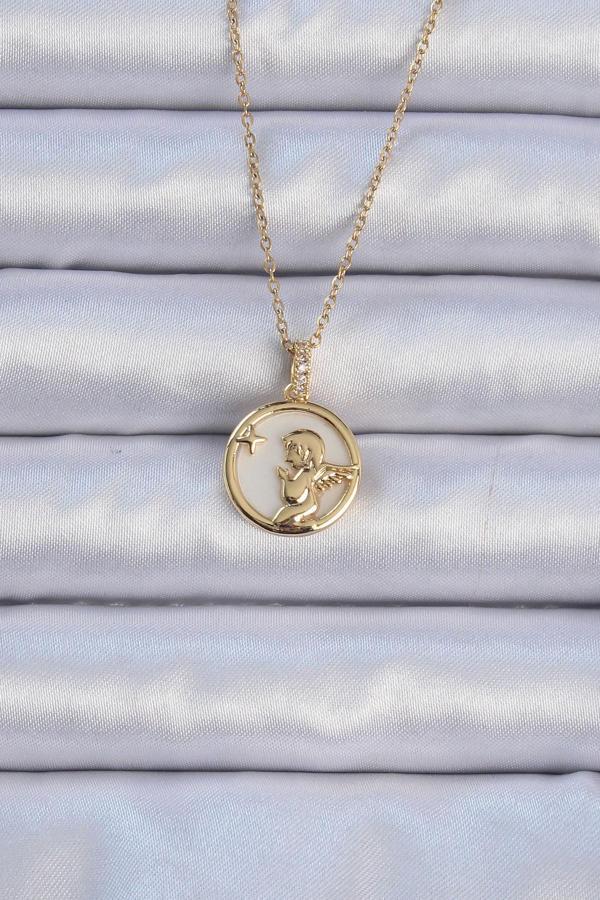 316L Çelik Zincir Altın Renk Zirkon Taşlı Mineli Melek Kolye - TJ-BKO9085 - Image 1