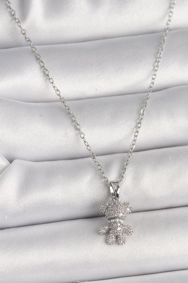 316L Çelik Gümüş Renk Zincir Zirkon Taşlı Ayıcık Figür Kadın Kolye - TJ-BKO9811 - Image 1