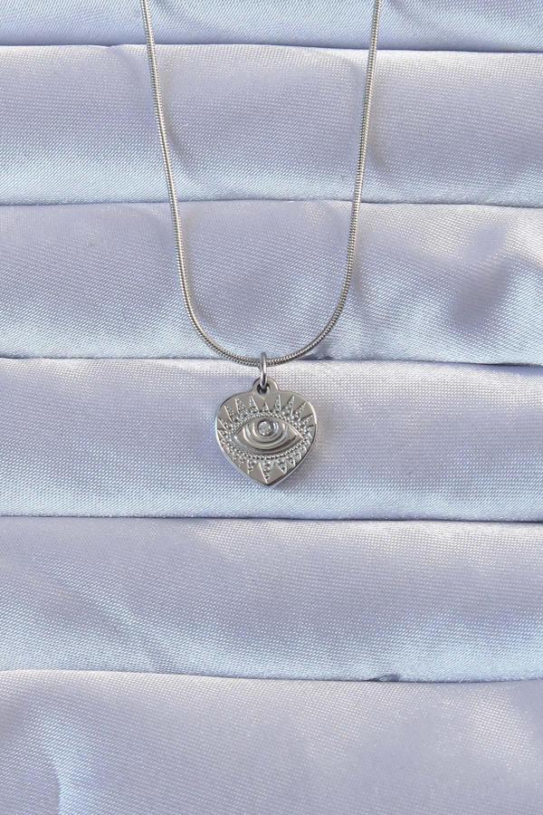 316L Gümüş Renk Zirkon Taşlı İşlemeli Göz Detay Kalp Kolye - TJ-BKO9285 - Image 1