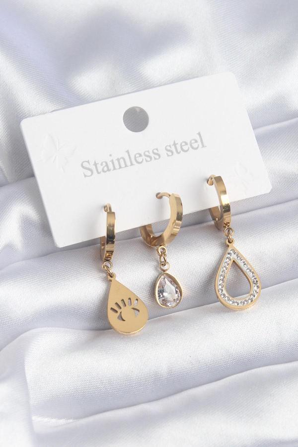 316L Çelik Gold Renk Damla Model Göz İşleme Zirkon Taş Detay Kadın Küpe - TJ-BKP8155 - Image 1