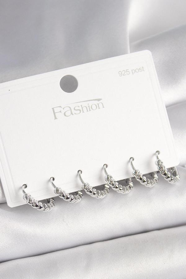 925 Ayar Gümüş Çivi Pirinç Gümüş Renk Kalp İşlemeli Halka Model Kadın Küpe Seti - TJ-BKP10412 - Image 1