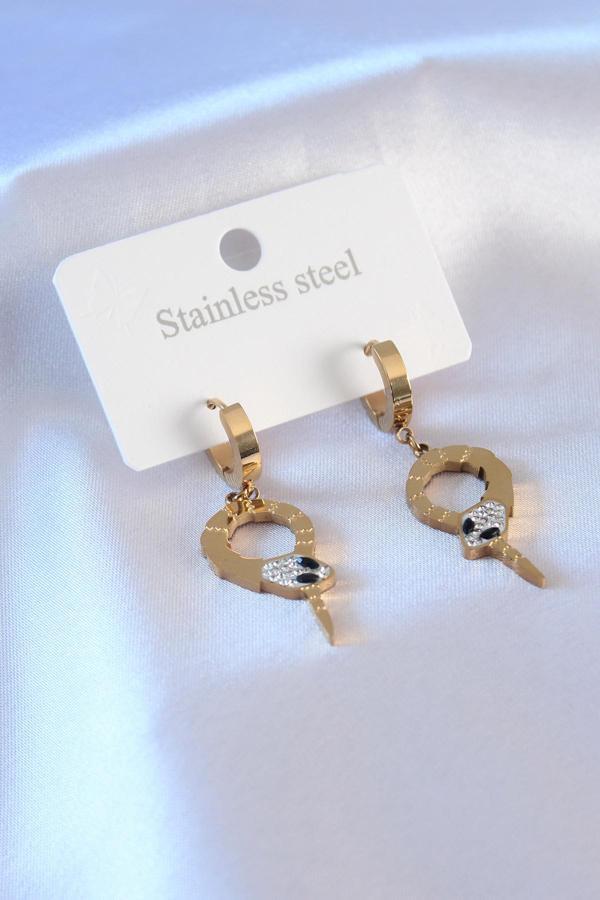 316L Çelik Gold Renk Yılan Model Zirkon Taşlı Kadın Küpe - TJ-BKP7284 - Image 1