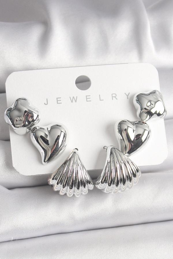 Gümüş Renk Yonca Kalp Deniz Kabuğu Figür CCB Kadın Küpe Seti - TJ-BKP10021 - Image 1