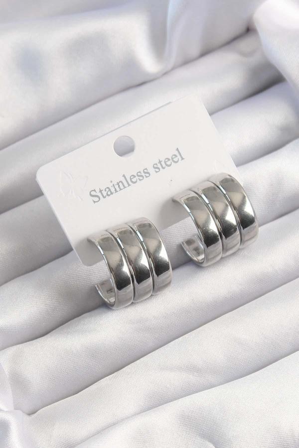 316L Çelik Gümüş Renk 3lü Görünüm Bombe Model Yarım Halka Küpe - TJ-BKP9490 - Image 1