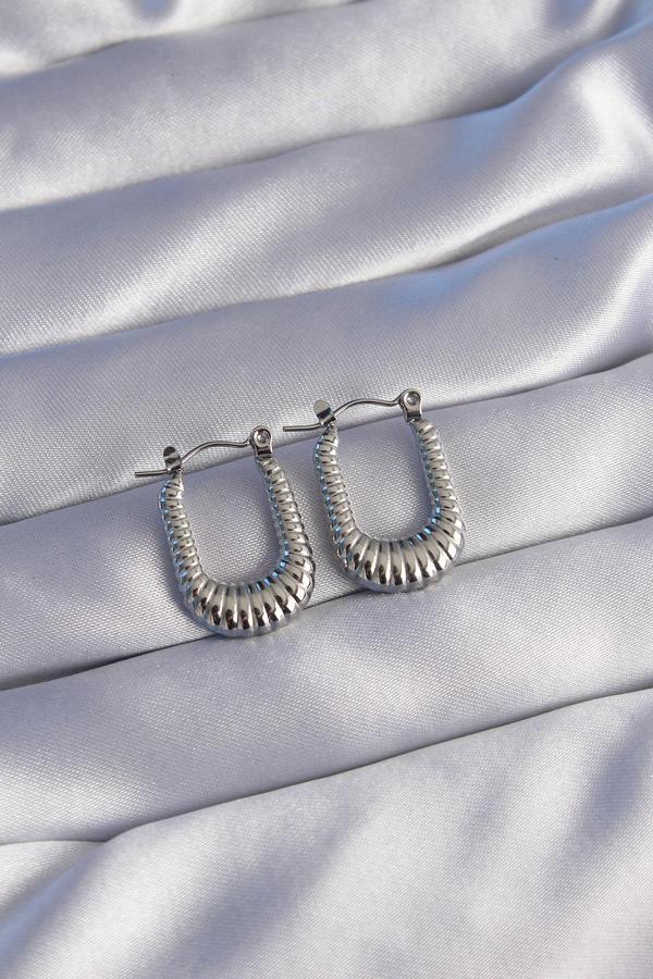 316L Çelik Gümüş Renk Dikdörtgen Tasarımlı Tırtıklı Küpe - TJ-BKP9040 - Image 1