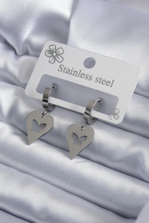 316L Çelik Gümüş Renk Kalp Model Kelebek İşleme Kadın Küpe - TJ-BKP7950 - Image 1