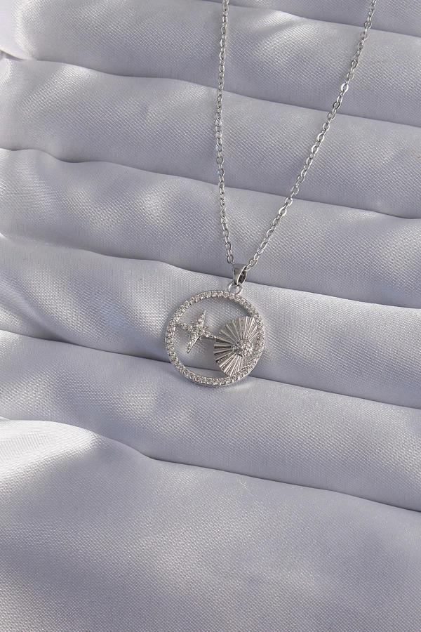 316L Çelik Zincir Gümüş Renk Zirkon Taşlı Yıldız Figürlü Oval Kolye - TJ-BKO9024 - Image 1