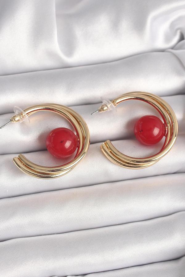 Pirinç Gold Renk Halka Model Kırmızı Boncuk Detay Kadın Küpe - TJ-BKP10366 - Image 1