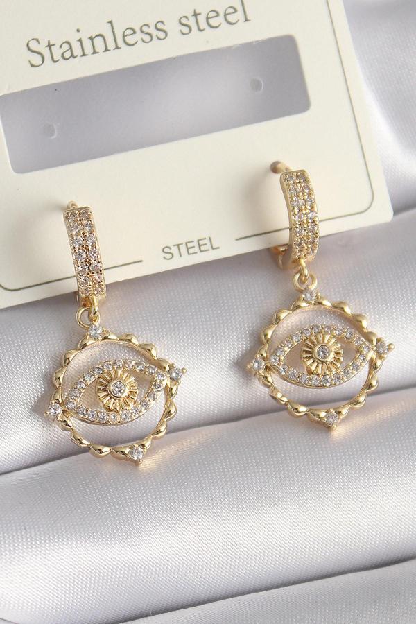 Pirinç Gold Renk Zirkon Taşlı Göz Model Kadın Küpe - TJ-BKP9733 - Image 1