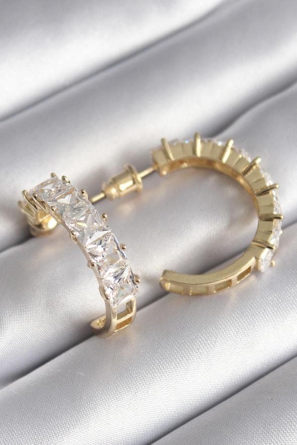 Pirinç Gold Renk Zirkon Taşlı Halka Model Kadın Küpe - TJ-BKP8609 - Image 1