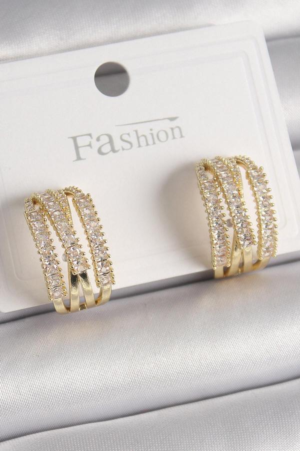 Pirinç Gold Renk Zirkon Taşlı Halka Model Kadın Küpe - TJ-BKP9929 - Image 1
