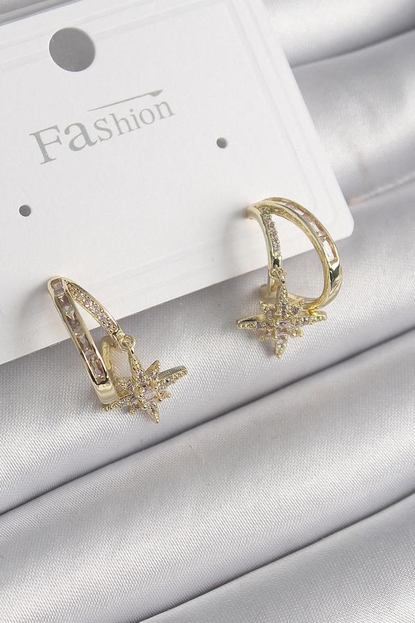 Pirinç Gold Renk Zirkon Taşlı Halka Model Yıldız Detay Kadın Küpe - TJ-BKP9989 - Image 1