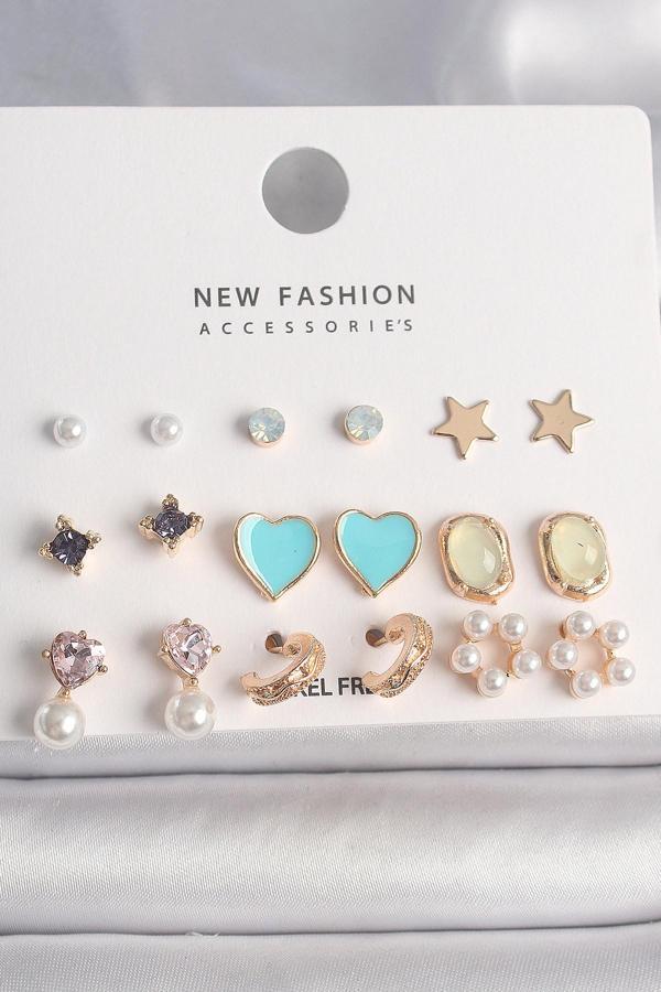 Pirinç Gold Renk Zirkon Taşlı İncili Çiçek Mavi Kalp Figür 9 Çift Kadın Küpe Seti - TJ-BKP10180 - Image 1