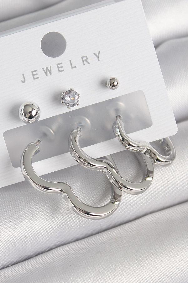 Pirinç Gümüş Renk Kalp Model Zirkon Taş Topçuk Detay Kadın Küpe Seti - TJ-BKP10307 - Image 1