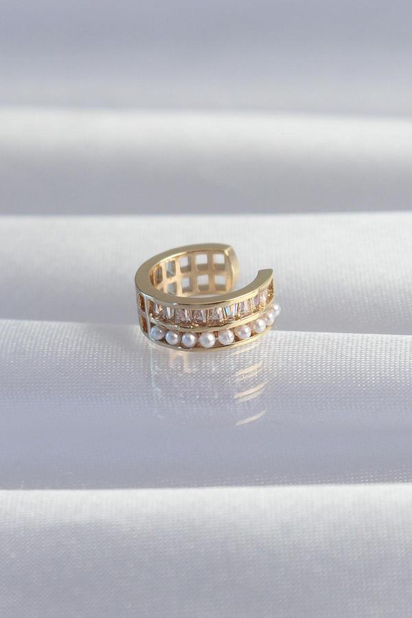 Pirinç Gold Renk İncili Baget Taşlı Earcuff Küpe - TJ-BKP9339 - Image 1