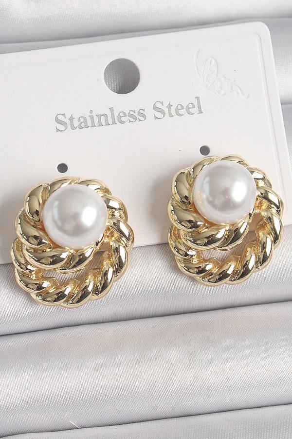 Pirinç Gold Renk İncili Sarmal Burgu Model Kadın Küpe - TJ-BKP10073 - Image 1