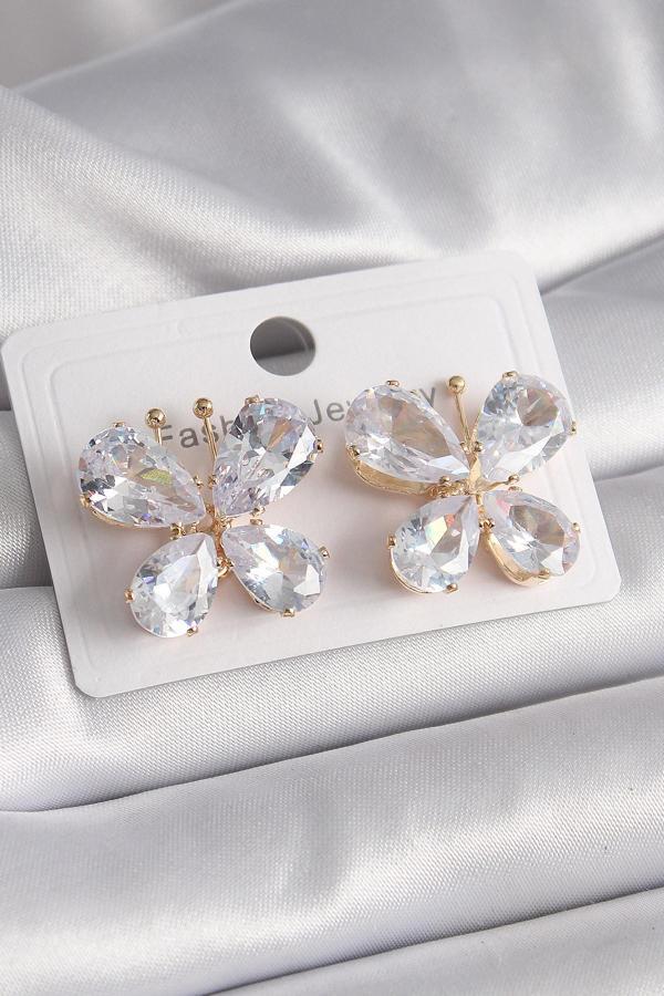 Pirinç Gold Renk Zirkon Taşlı Kelebek Model Kadın Küpe - TJ-BKP9614 - Image 1