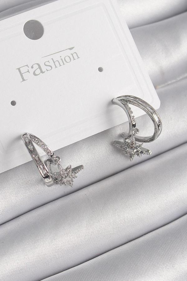 Pirinç Gümüş Renk Zirkon Taşlı Halka Model Sallantı Yıldız Detay Kadın Küpe - TJ-BKP9990 - Image 1