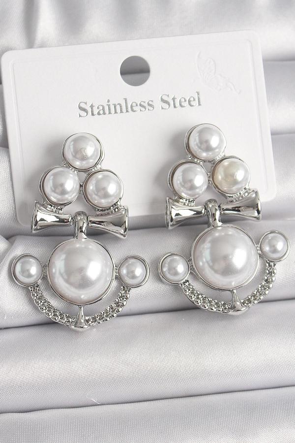 Pirinç Gümüş Renk Sallantı İncili Çapa Model Kadın Küpe - TJ-BKP10086 - Image 1