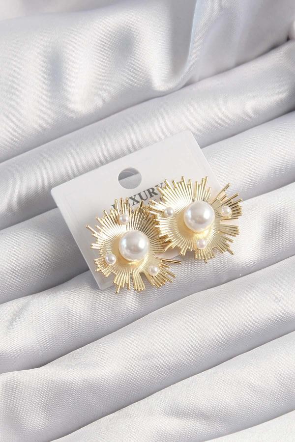 Pirinç Gold Renk Zirkon Taşlı Parlayan İnci Taneleri Küpe - TJ-BKP9505 - Image 1