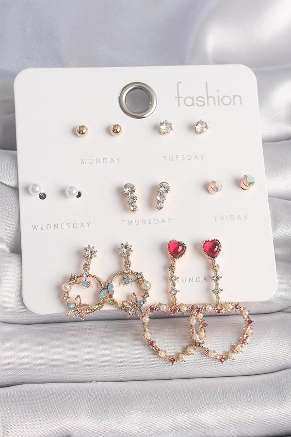 Pirinç Gold Renk Zirkon Taşlı Sallantı Kalp Figür 7 Çift Kadın Küpe Seti - TJ-BKP10163 - Image 1