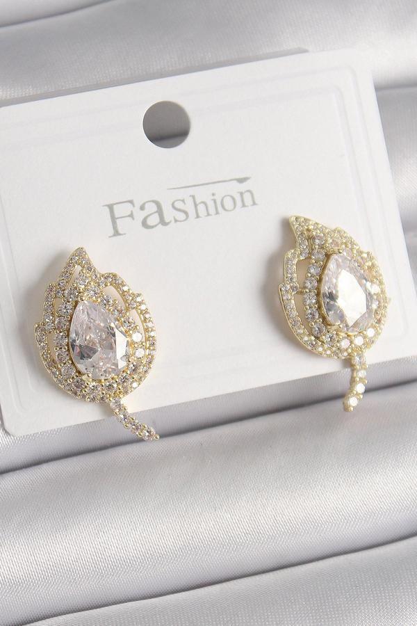 Pirinç Gold Renk Zirkon Taşlı Yaprak Model Kadın Küpe - TJ-BKP9945 - Image 1